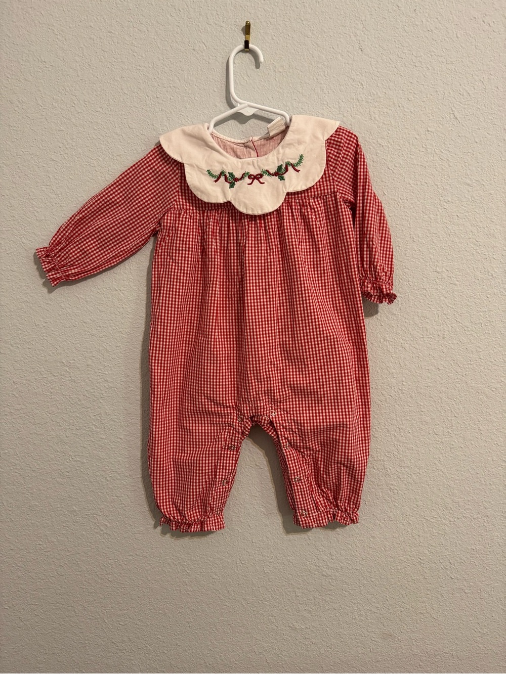 Stitchy Fish Red Gingham Christmas Romper with Embroidered Collar